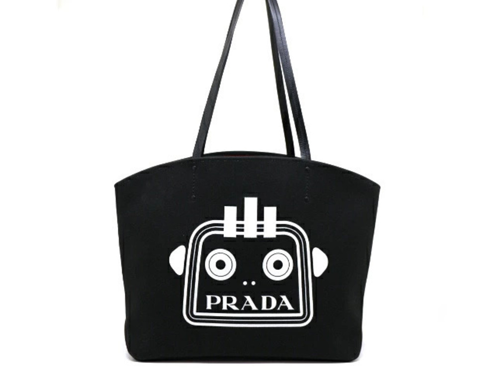 Prada Bag Tote Robot Black Canvas Leather